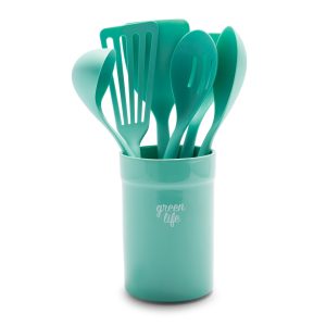 GreenLife Nylon & Wood Cooking Utensils with Ceramic Crock. 7-Piece Set | Turquoise