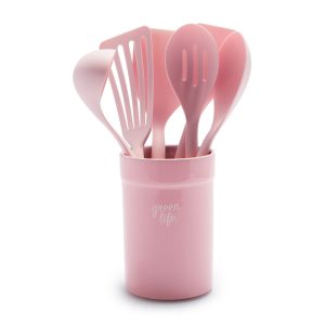 GreenLife Nylon & Wood Cooking Utensils with Ceramic Crock. 7-Piece Set | Pink