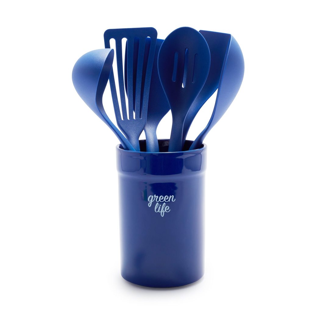 GreenLife Nylon & Wood Cooking Utensils with Ceramic Crock. 7-Piece Set | Blue