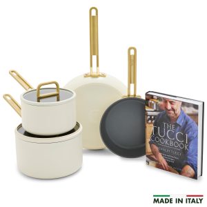 Stanley Tucci? Ceramic Nonstick 6-Piece Cookware Set with the Tucci Cookbook | Carrara White
