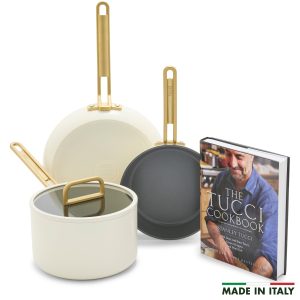 Stanley Tucci? Ceramic Nonstick 4-Piece Chef Set with the Tucci Cookbook | Carrara White