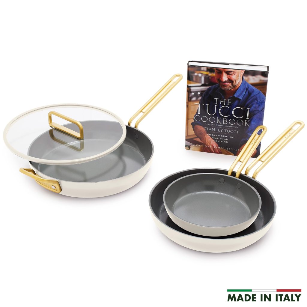 Stanley Tucci? Ceramic Nonstick 4-Piece Frypan Set with The Tucci Cookbook | Carrara White
