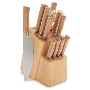Elite Cutlery 13-Piece Knife Block Set with Light-Wood Handles