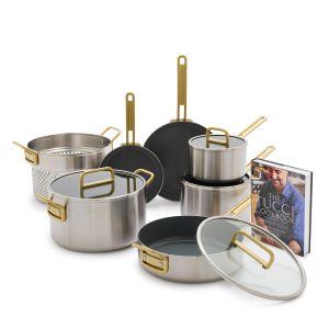 Stanley Tucci? Stainless Steel Ceramic Nonstick 11-Piece Cookware Set with the Tucci Cookbook | Champagne Handles