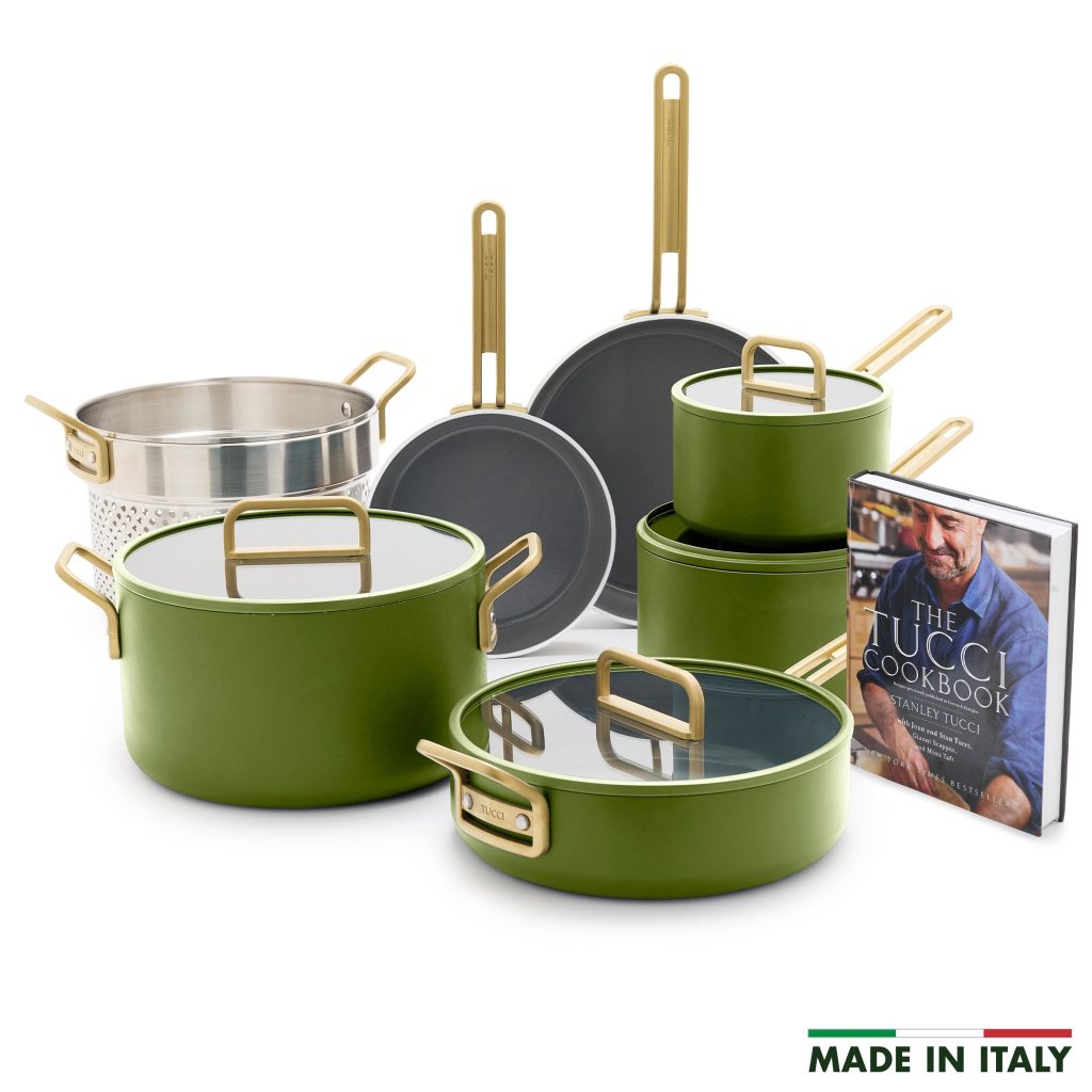 Stanley Tucci? Ceramic Nonstick 11-Piece Cookware Set with the Tucci Cookbook | Tuscan Olive