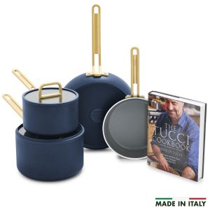 Stanley Tucci? Ceramic Nonstick 6-Piece Cookware Set with the Tucci Cookbook | Marino Blue