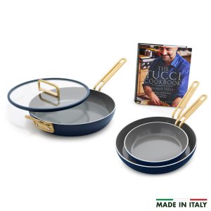 Stanley Tucci? Ceramic Nonstick 4-Piece Frypan Set with The Tucci Cookbook | Marino Blue
