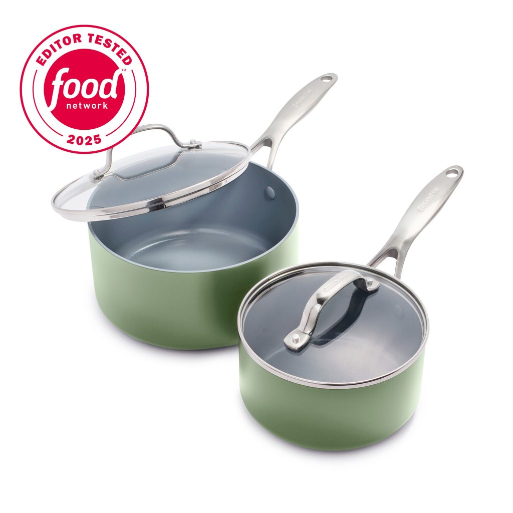 Valencia Pro Ceramic Nonstick 1.5-Quart and 3-Quart Saucepan Set with Lids | Sage